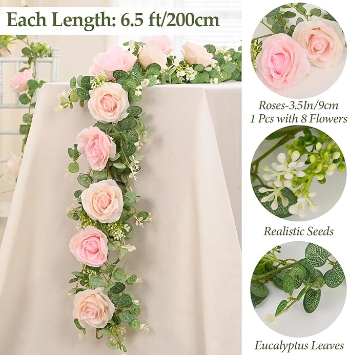 Dolicer 4Pcs 26 Ft Artificial Eucalyptus Garlands with Flowers - 8 Roses, Faux Floral Greenery Garlands Fake Flowers Vines for Wedding Table Centerpieces Arch Party Ceremony Backdrop Decor (Pink)