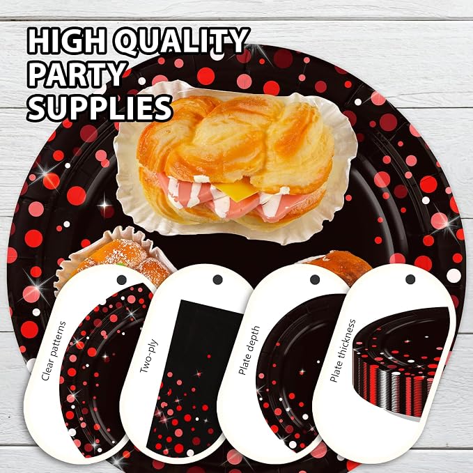 250Pcs Black and Red Party Decorations Graduation Red Dot on Black Plates Napkins Cups Forks Disposable Stranger Tableware Set for Congrats Grad Birthday Baby Shower Party Supplies Serves 50