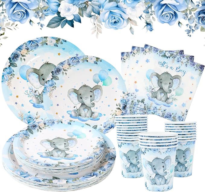 Boy Elephant Baby Shower Decorations Plates - Blue Elephant Plates Disposable Cups,Napkin with Blue flowers for 24 Elephant Theme Party Supplies,Baby Shower Wedding Birthday Party