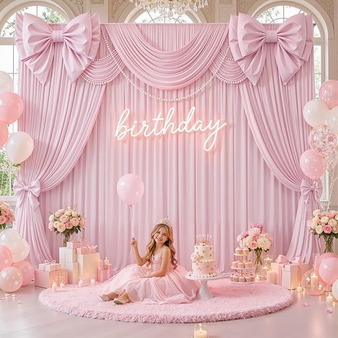 20ft×12ft Pink Backdrop Curtains for Wedding Parties, 4 Panels Wrinkle Free Polyester Photo Backdrop Drapes Back Drop Cloth for Birthday Photography Background