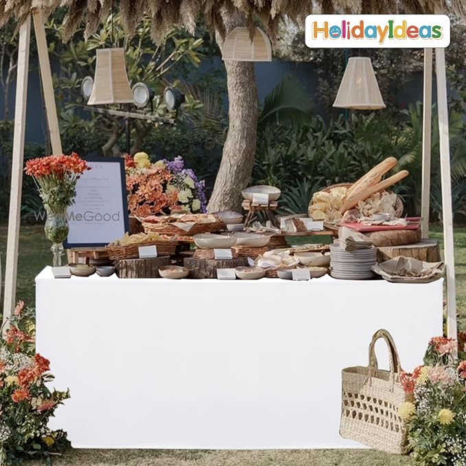 HolidayIdeas 4-Pack 4ft Open Back Fitted Tablecloths for Craft Shows White | 3-Sided coverage wrinkle resistant tablecloths for vendor booths,banquet events,outdoor pop-up shop