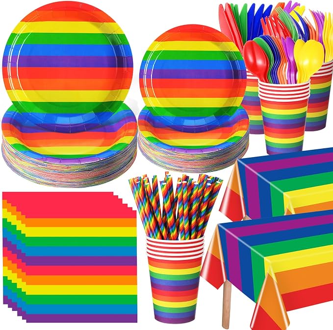 Funnymoom 452 Pcs 50 Guests Pride Party Supplies Decoration, Rainbow Pride Paper Plates Napkins Cups Tablecloth Cutlery Straws Gay Lgbt Disposable Tableware Sets for Rainbow Birthday Table Decoration