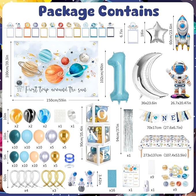 MOVINPE First Trip Around The Sun Birthday Party Decorations for Boy, Baby Boy 1st Birthday Party Supplies Outer Space Theme Birthday Decor, Solar System Astronaut Rocket Balloons Backdrop Party Decor
