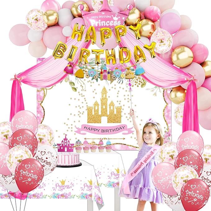 Princess Birthday Party Decorations for Girls Include Balloon Arch, Banner, Backdrop, Tablecloth, Tulle, Crown, Wand, Sash, Cake Topper Party Supplies
