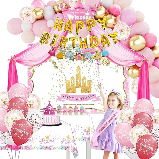 Princess Birthday Party Decorations for Girls Include Balloon Arch, Banner, Backdrop, Tablecloth, Tulle, Crown, Wand, Sash, Cake Topper Party Supplies