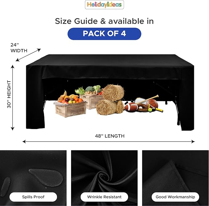 HolidayIdeas 4-Pack 4ft Open Back Fitted Tablecloths for Craft Shows Black | 3-Sided coverage wrinkle resistant tablecloths for vendor booths,banquet events,outdoor pop-up shop