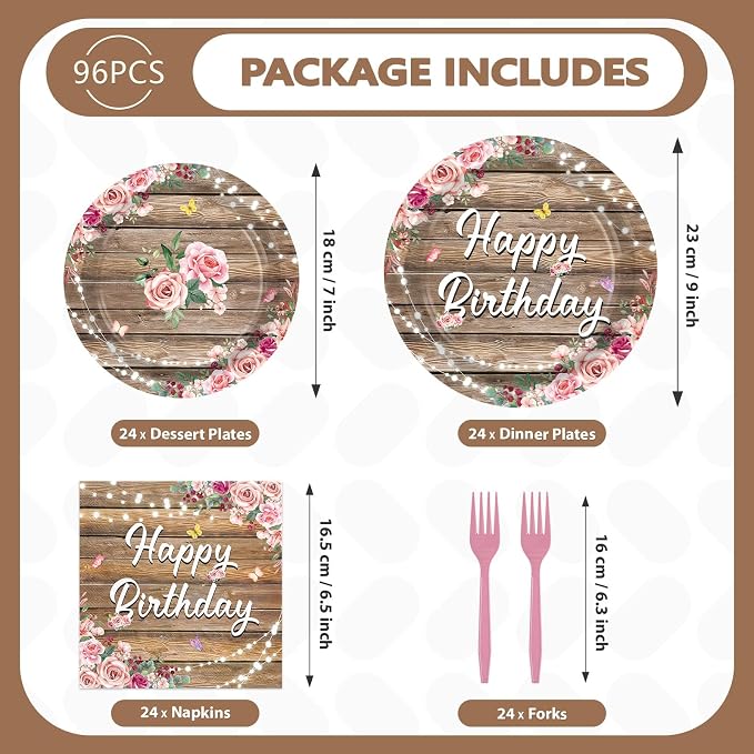96Pcs Wooden Birthday Party Supplies Wooden Butterfly Happy Birthday Plates and Napkins Wood Grain Pink Rustic Tableware Set for Girls Floral Baby Shower Party Decorations Serves 24