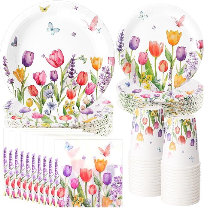 Ziliny 250 Pcs Floral Party Decorations Include Lavender Tulip Butterfly Paper Plates Napkins and Cups for Easter Summer Spring Wildflower Baby Shower Tea Decorations, Serve 50 Guest