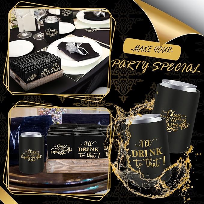 SiliFine 101 Pcs Black Wedding Can Cooler Bulk Engagement Party Favors for 100 Guests Cheers to Love Laughter, and I'll Drink Can Cooler with Wooden Wedding Table Sign Bridal Shower Favor