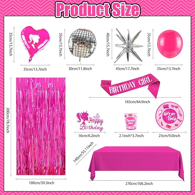Hot Pink Birthday Party Decorations Supplies 187Pcs Serve 20 Guests, All In One Party Kit with Tableware, Decorations, Cake Topper, Photo Props for little Girls, Girls & Women Birthday Party