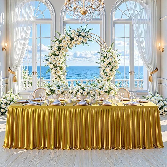 Wish Care 4 Pack Satin Table Cover Skirts for 6ft Rectangular Tables, Dark Gold Shimmer Silk Tablecloth with Floor Length Ruffle for Wedding Banquet Party Buffet Decoration