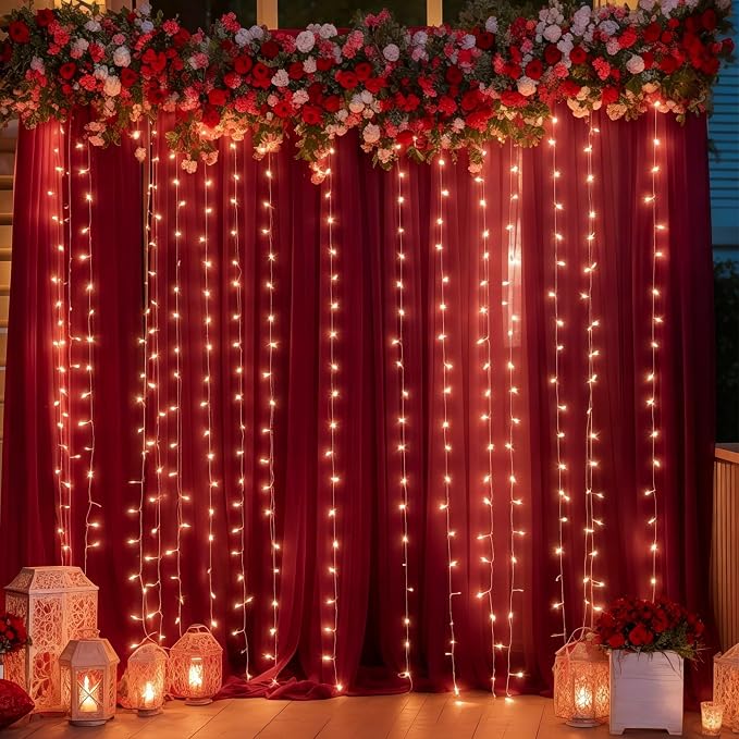 30ft x 10ft Burgundy Backdrop Curtain with Lights String for Parties, Sheer Tulle Wedding Photo Backdrops Drapes for Baby Shower Birthday Party Decorations Background for Photography