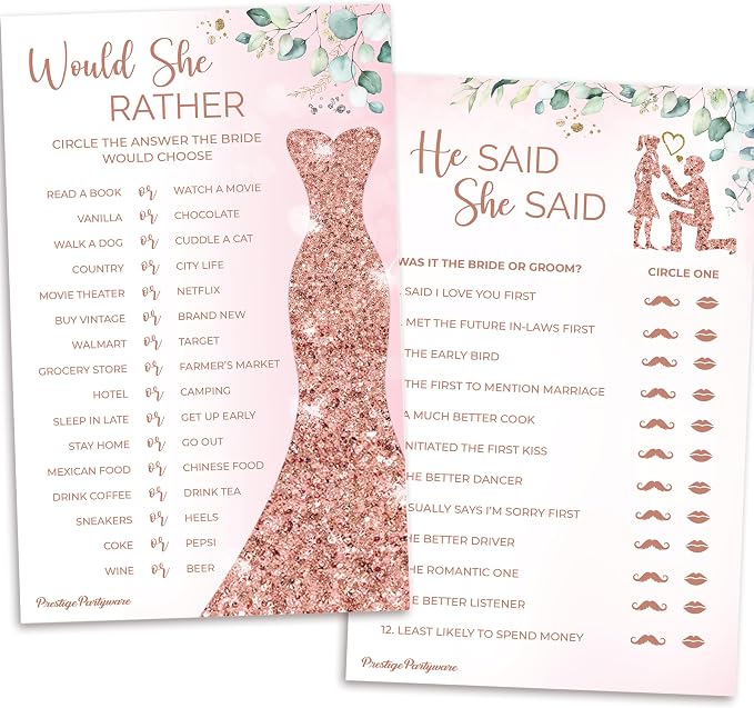 Prestige Would She Rather Bridal Shower Game + He Said She Said(set of 2) | Wedding Shower, Bridal Games for 50 Guests