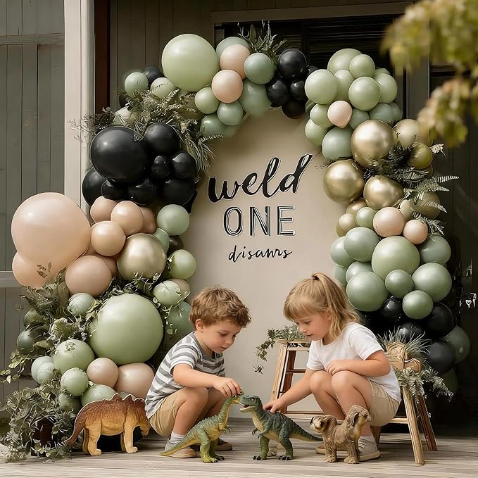Sage Green Black Balloon Arch Kit, Double Stuffed Dusty Olive Green White Sand Cream Beige Gold Balloon Garland for Birthday Camo Woodland Jungle Wedding Boho Graduation Party Decoration
