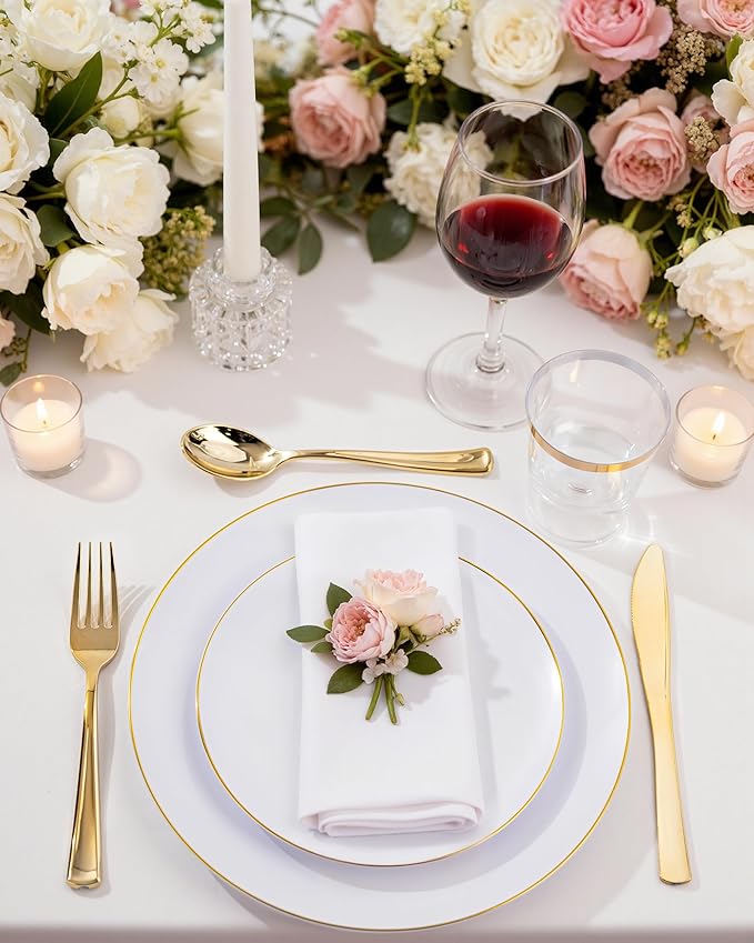 Nervure 100 Pieces Gold Plastic Plates - 10.25 inch Gold Dinner Plates - Heavyweight White and Gold Disposable Plates Ideal for Wedding & Party & Mothers Day