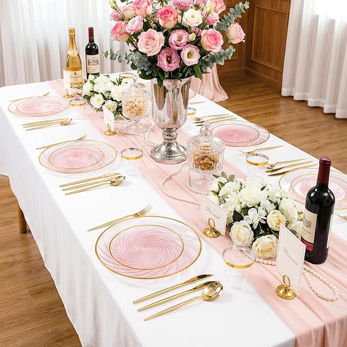 N9R 180 PCS Disposable Dinnerware Set with Gold Rim for 30 Guests, Pink Plastic Plates Include 30 Dinner Plate, 30 Dessert Plates, 30 Cups, 90 Heavy Duty Gold Plastic Silverware for Party & Wedding