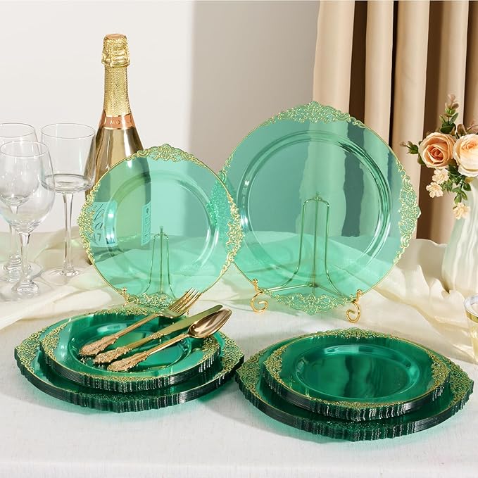 Goodluck 250 PCS Vintage Translucent Green & Gold Rim Plastic Plates with Cutlery Set - Serves 50 - Heavy Duty Elegant Disposable Dinnerware for St Patricks Day, Safari, Christmas