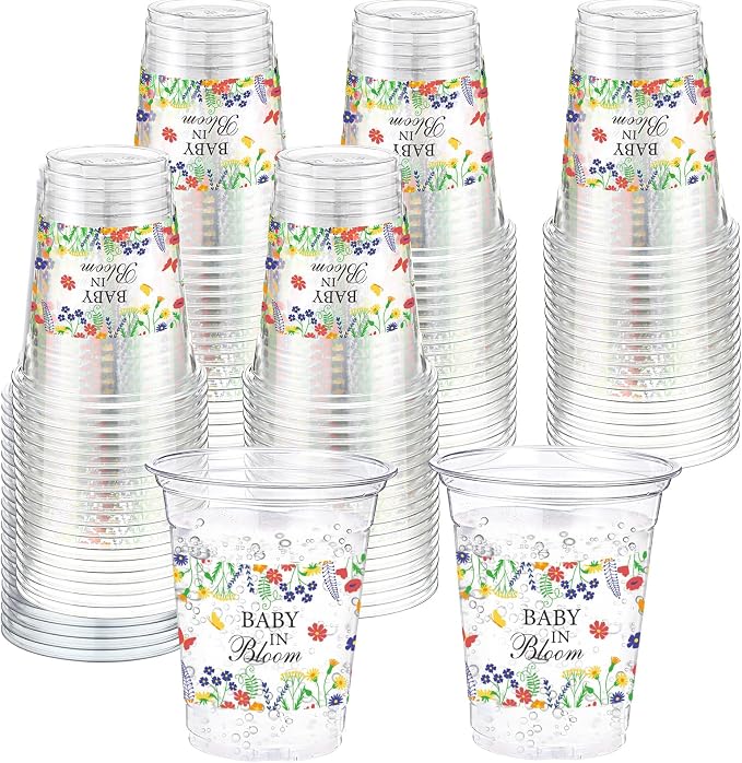 Funnymoom 60 Pack Baby In Bloom Baby Shower Decorations Cups 12 oz Wildflowers Floral Disposable Clear Plastic Drinking Cups Bulk for Summer Spring Birthday Party Decorations Supplies