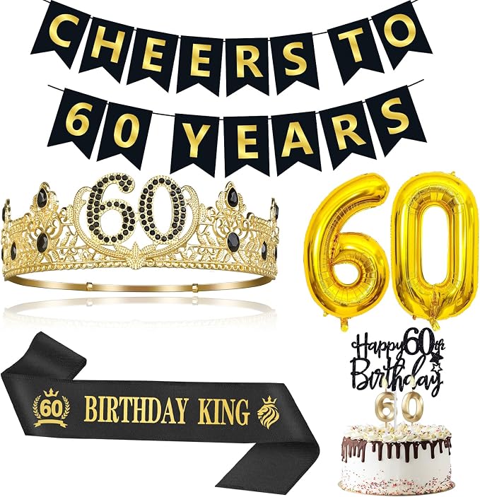60th Birthday Gifts for Men, 60th Birthday Decorations for Men, Party Decor Supplies including King Crown & Sash & Banner & Balloons & Cake Topper & Candles