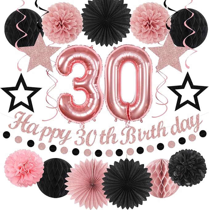 Rose-Gold Pink Black Women 30th Happy Birthday Party Decorations Hugmoon | 21pcs Kit 30th Balloon,Cute Girl Banner,Streamers,Tissue Paper Pom Poms Flowers Fans,Birthday Garlands Decor Backdrop