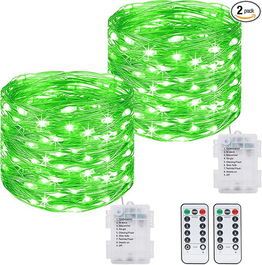 kolpop 2 Pack Green Fairy Lights Battery Operated, 39FT 120 LED Twinkle String Lights with Timer & Remote, 8 Modes Waterproof Halloween Lights for Tree Wreath Indoor Outdoor Xmas Halloween Decor
