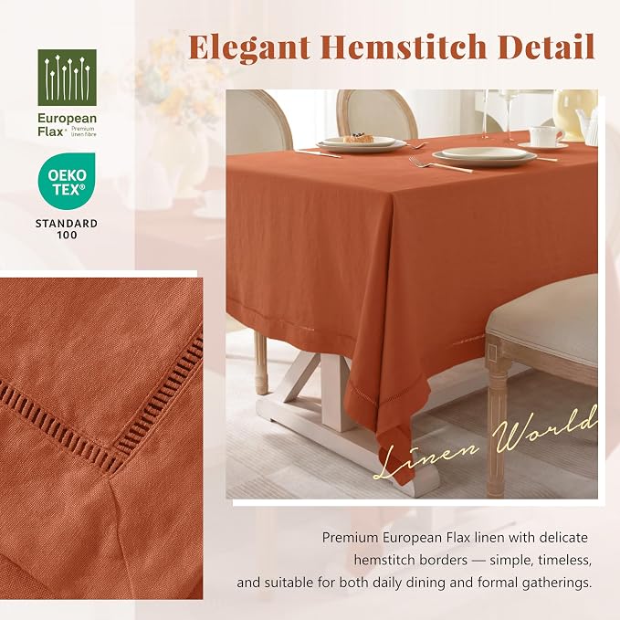 Linen World Fall Linen Tablecloth 120" x 60" Inch,French Linen Washable Rectangular Table Cloth for Dining,Outdoor, Weddings and Restaurants,Decorative Thanksgiving Christmas,Caramel Hemstitch