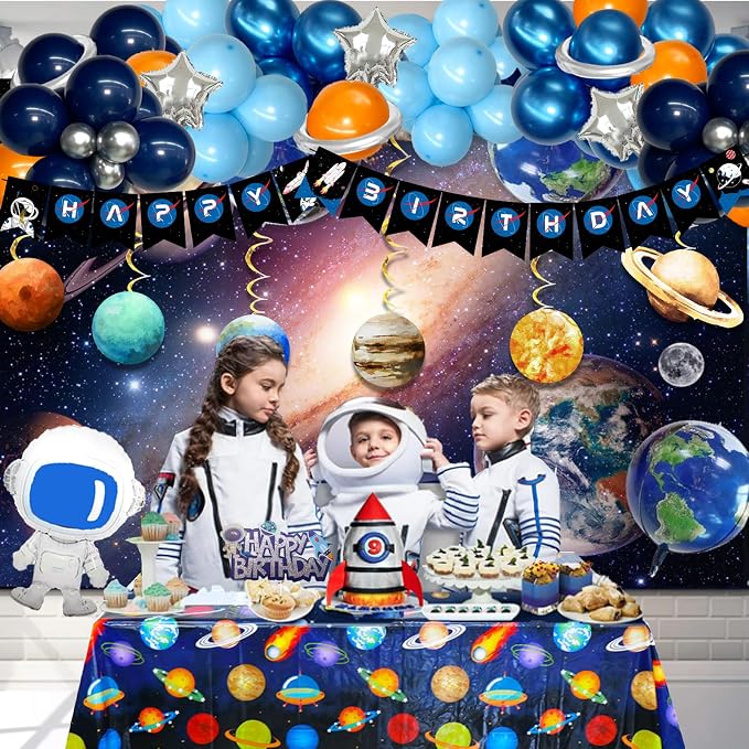 Hombae Space Birthday Party Decorations, Outer Space Galaxy Birthday Decorations Backdrop Balloon Garland Hanging Swirl Banner Tablecloth Cake Topper Solar System Planet Astronaut Rocket Blue