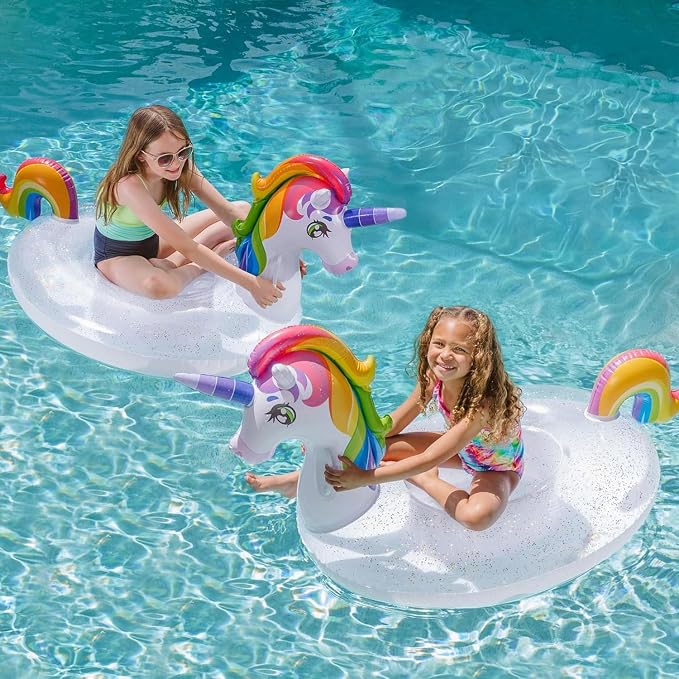JOYIN Unicorn Pool Float Kids - Inflatable Rainbow Unicorn Floaty with Glitters Fun Floats, Ride On Beach Lake Floaties Raft Lounge, Party in Summer Decorations Pool Toys for Kids