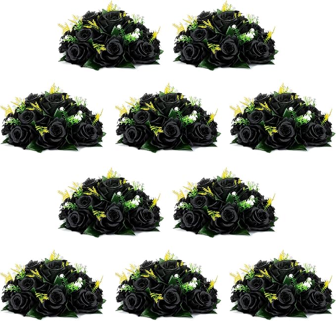 NUPTIO Black Roses Artificial Flowers Pcs of 10 Fake Flower Bouquet Black Hydrangea Flowers Artificial, 15 Heads Fake Roses with Base, Real Looking Black Artificial Flowers (Black)