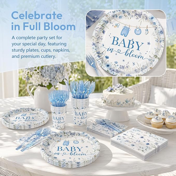 120PCS Boy Baby Shower Party Supplies Baby in Bloom Party Decorations Spring Wild Flower Pregnancy Announcement Tableware Set Dessert Plates Napkins Cups Set for 20 Guests