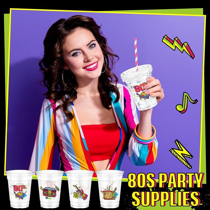 FoldTier 50 Pcs 80's Party Cups Disposable Plastic Cup 12 Oz G Back to 80s mugs Thick 80s Theme Clear mug Lids Straws Retro Music Party Supplies Throwback Dance Birthday Favor Table Decorations