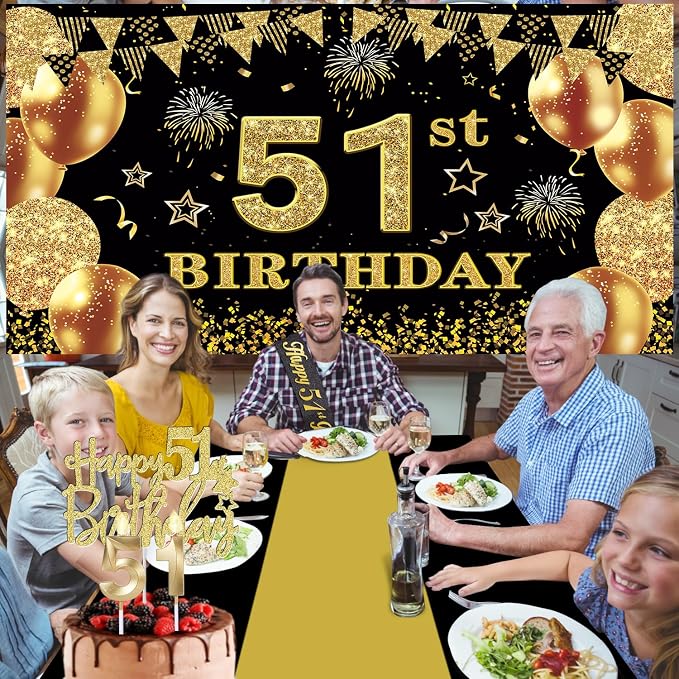 51st Birthday Decorations Men Women with 51st Birthday Banner, Black and Gold Table Cloth, Number Balloons, Large Sash, Cake Topper and Candles