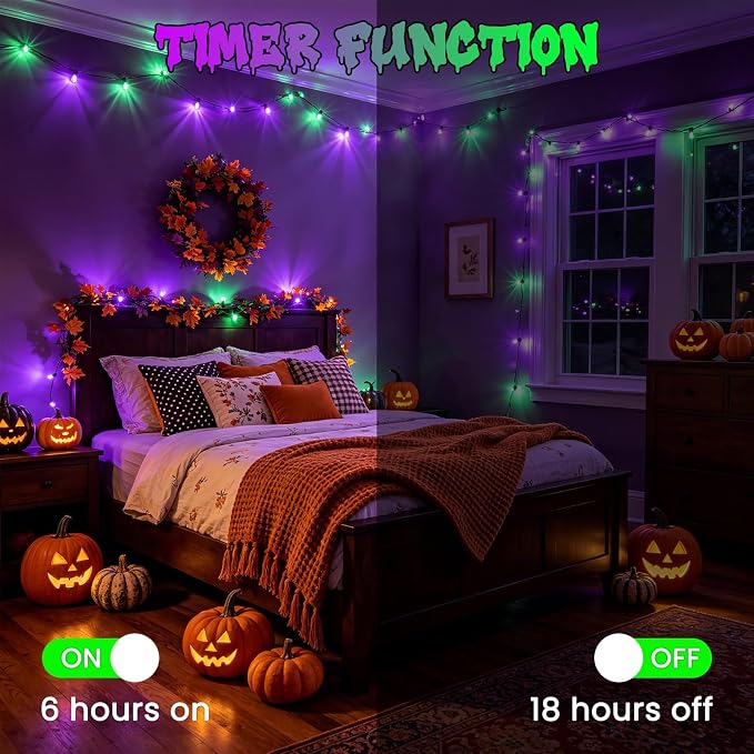 Purple & Green Halloween Lights, 95ft 240Led 13 Modes String Lights Plug in, Twinkle Light with Timer Indoor/Outdoor for Tree Party Halloween Decorations