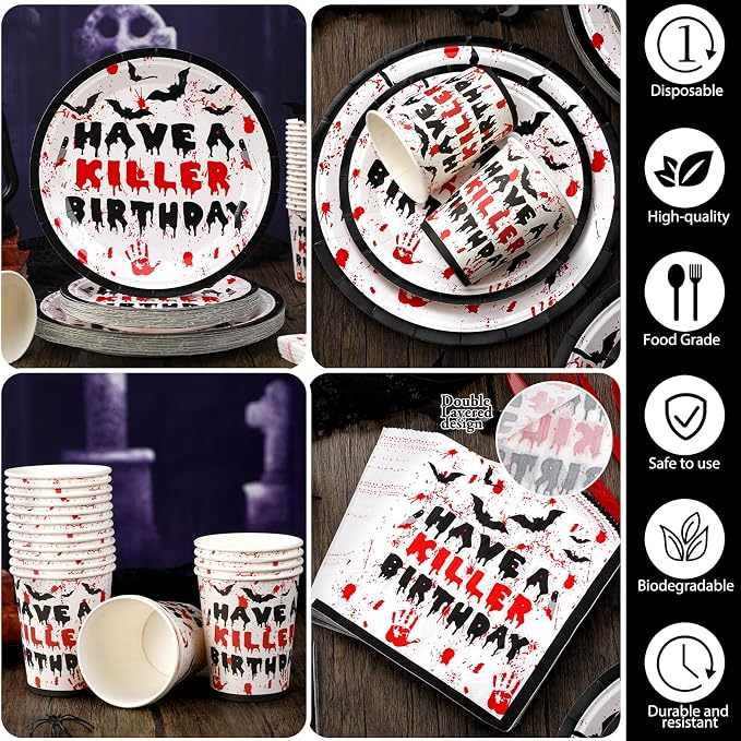 168 Pcs Have a Killer Birthday gathering Supplies Horror Birthday Tableware Set Bloody Handprint Disposable Paper Plates Cups Utensils Servers 24 for Halloween Spooky Horror Themed