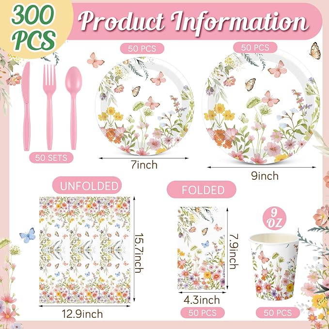 Sinmoe 400 Pcs Pink Floral Plates and Napkins Set Paper Spring Butterfly Wildflower Dinnerware Disposable Party Supplies for 50 Guest Flower Dinnerware Knife Fork Spoon for Spring Birthday Baby Shower