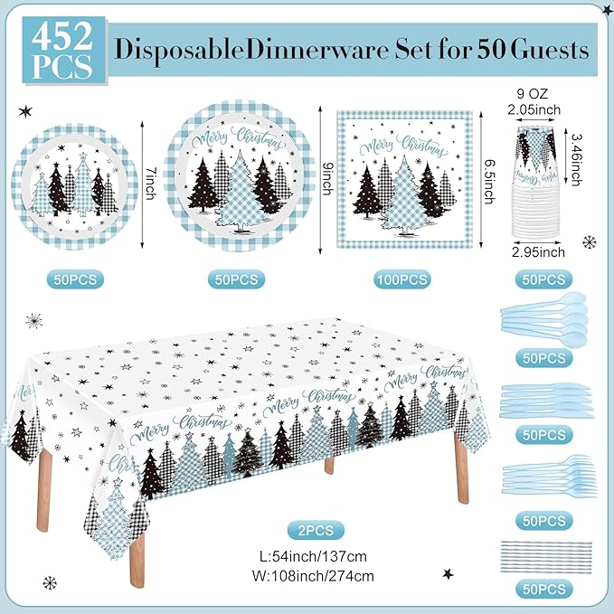 Funnymoom 452 Pcs Light Blue Christmas Party Decoration for 50, Plaid Gingham Tree Blue Xmas Paper Plates Napkins Cups Tablecloth Cutlery Straws for Winter Holiday Baby Shower Birthday Party Supplies