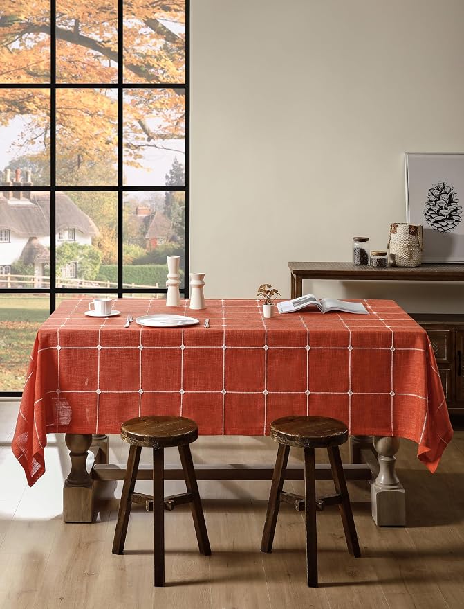 ZeeMart Grid Embroidered Hemmed Tablecloths, Orange 60x104 Inch, Farmhouse Style Heavy Weight Cotton Linen Burnt Orange Fall Tablecloths, Boho Plaid Water Resistant Rectangle Table Cloth