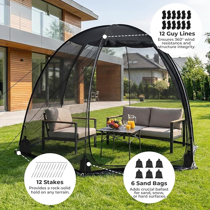 Alvantor® Pop Up Screen House Tent 10x10 FT, Snap-fit Black Mesh Screen Gazebo with Peaked Roof, Portable Screen Room Canopy Shelter with Sandbags for Camping, Backyard, Picnic