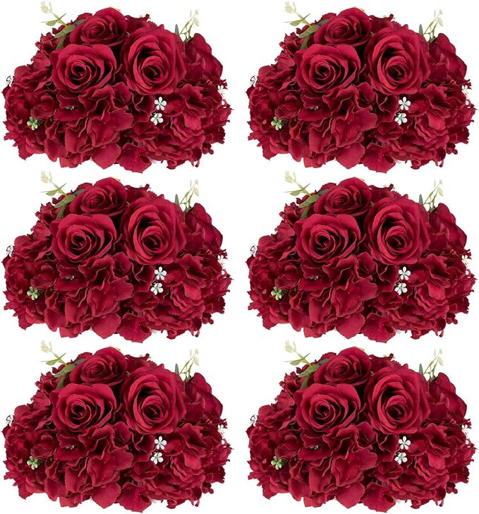 Red Roses Flowers Balls for Centerpieces: 6 PCS 11.8" Diam Flower Centerpieces for Tables in Wedding Reception Decorations Arrangement for Party Celebration Planners