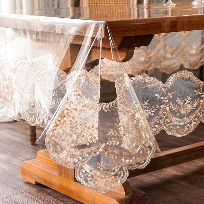 ARTABLE Vinyl PVC Rectangle Tablecloth Waterproof Clear Table Cover with Champagne Lace Macrame Border for Wedding Kitchen Home Outdoor Indoor Holidays Party Decor (Champagne-1, 60 x 84 Inch)