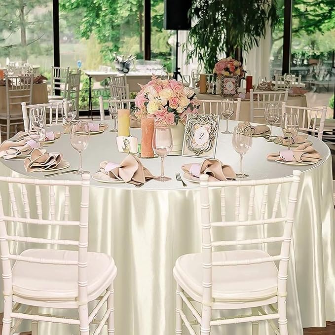 12 Pack Ivory Satin Tablecloth, 120 Inch Round Silky Satin Table Cloth, Bright Silk Tablecloth Smooth Fabric Table Covers Overlay Silky Tables Decoration for Wedding Party Banquet Birthday