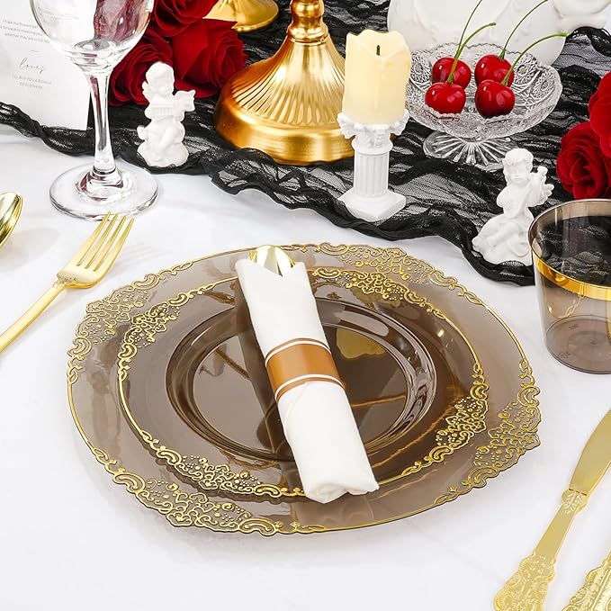 Bestluck 350 PCS Black and Gold Plastic Plates, Disposable Dinnerware Set for 50 Guests, 100 Disposable Plates, 150 Silverwares, 50 Cups, 50 Napkins for Wedding, Party, Graduation