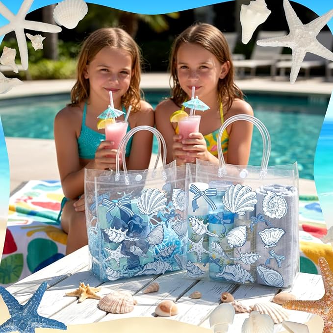 Teenyyou 24 Pcs Ocean Seashell Beach Gift Bags with Handles Starfish Shell PVC Gift Bags Candy Treat Tote Party Favor for Birthday Party Supplies