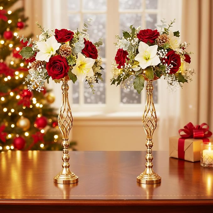 Gold Wedding Vases for Table Centerpieces - Set of 10 Twist Candleholder Stands, Elegant Floral Arrangement Vases, Metal Centerpieces for Reception Table Wedding Road-Leading Home Decor