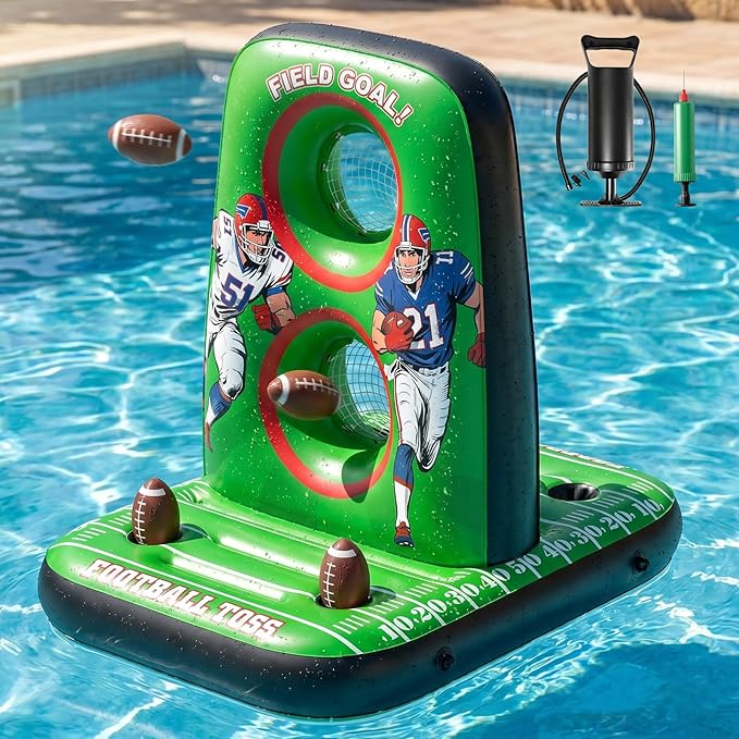 Inflatable Football Toss Game for Pool Floating Water Football Target with 4 Balls & 2 Pumps, Stable Base Outdoor Backyard & Beach Games Summer Pool Party Game for Kids, Teen & Adults