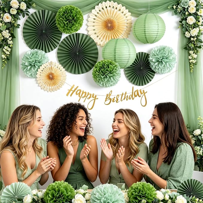 SUNBEAUTY Sage Green Birthday Decorations for Women Green Tissue Pom Poms Paper Lanterns Party Decorations Happy Birthday Banner Sage Green Paper Fans for Spring Garden Party Wedding Bridal Shower