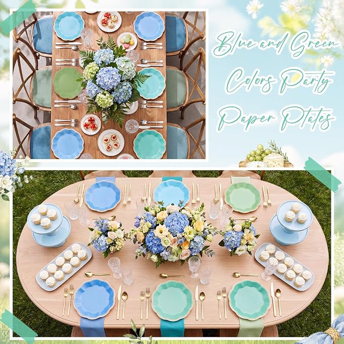 72 Pcs Teal Blue and Green Color Paper Plates 9 Inch Gradient Scalloped Paper Disposable Dinner Dessert Plates for Summer Beach Ocean Birthday Wedding Bridal Party Supplies