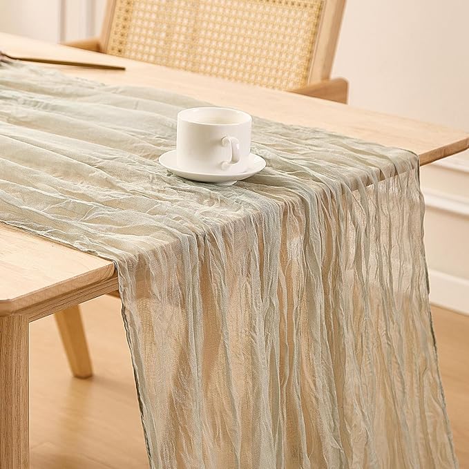 Sage Green Spring Table Runner Boho Cheesecloth Table Runner 120 inches Crinkled Gauze Sheer Mother's Day Table Centerpieces for Wedding Ceremony Anniversary Bridal Baby Shower Banquet