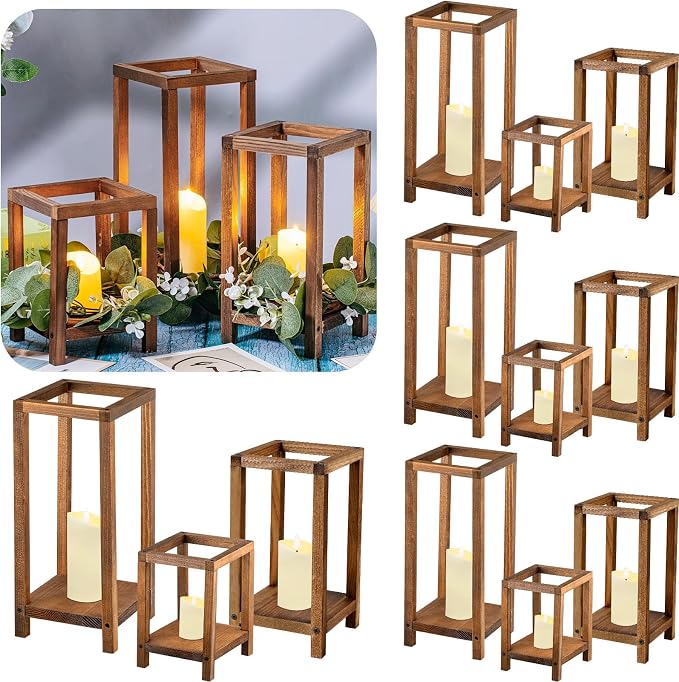 Sliner 24 Pcs Wedding Lantern Centerpiece Set Include 12 Rustic Wooden Candle Lantern 12 Flameless LED Candle for Wedding Party Baby Shower Table Fireplace Farmhouse Home Decoration(Brown)