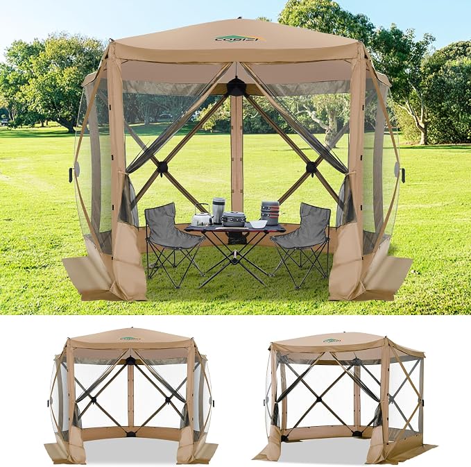COBIZI 10x10 FT Pop up Gazebo, Popup Canopy Tent,Instant Screened in Gazebos, Waterproof Portable Outdoor Small Screen Tents Sun Shelter,carpas para Patio for Camping, Garden and Backyard,Khaki